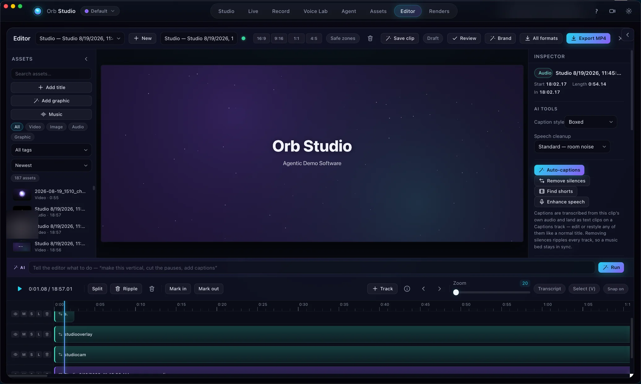 Orb Studio Editor: multi-track timeline with AI tools like auto-captions, remove silences, and enhance speech