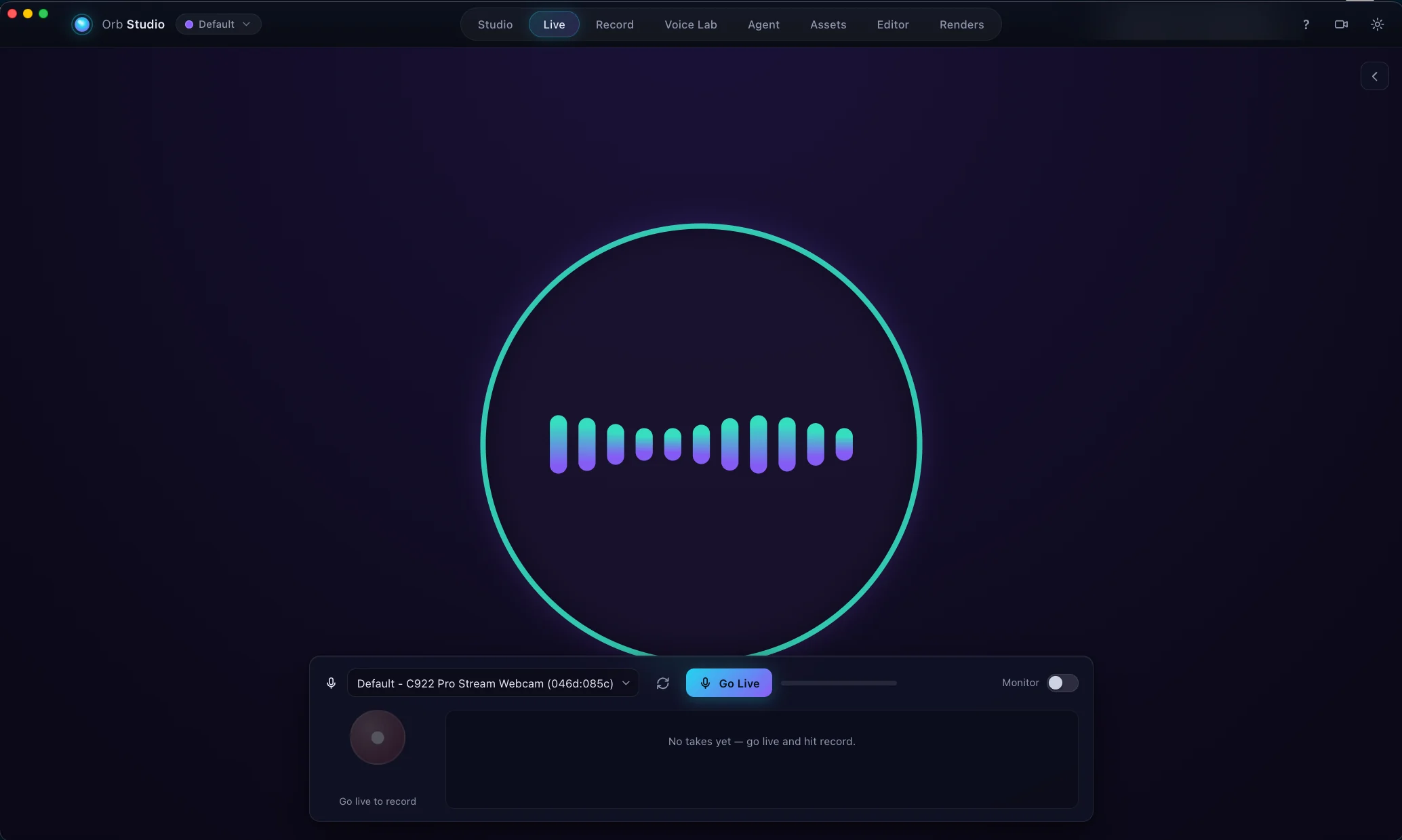 Orb Studio Live mode: a large EQ Ring avatar reacting to a microphone, with a Go Live control bar