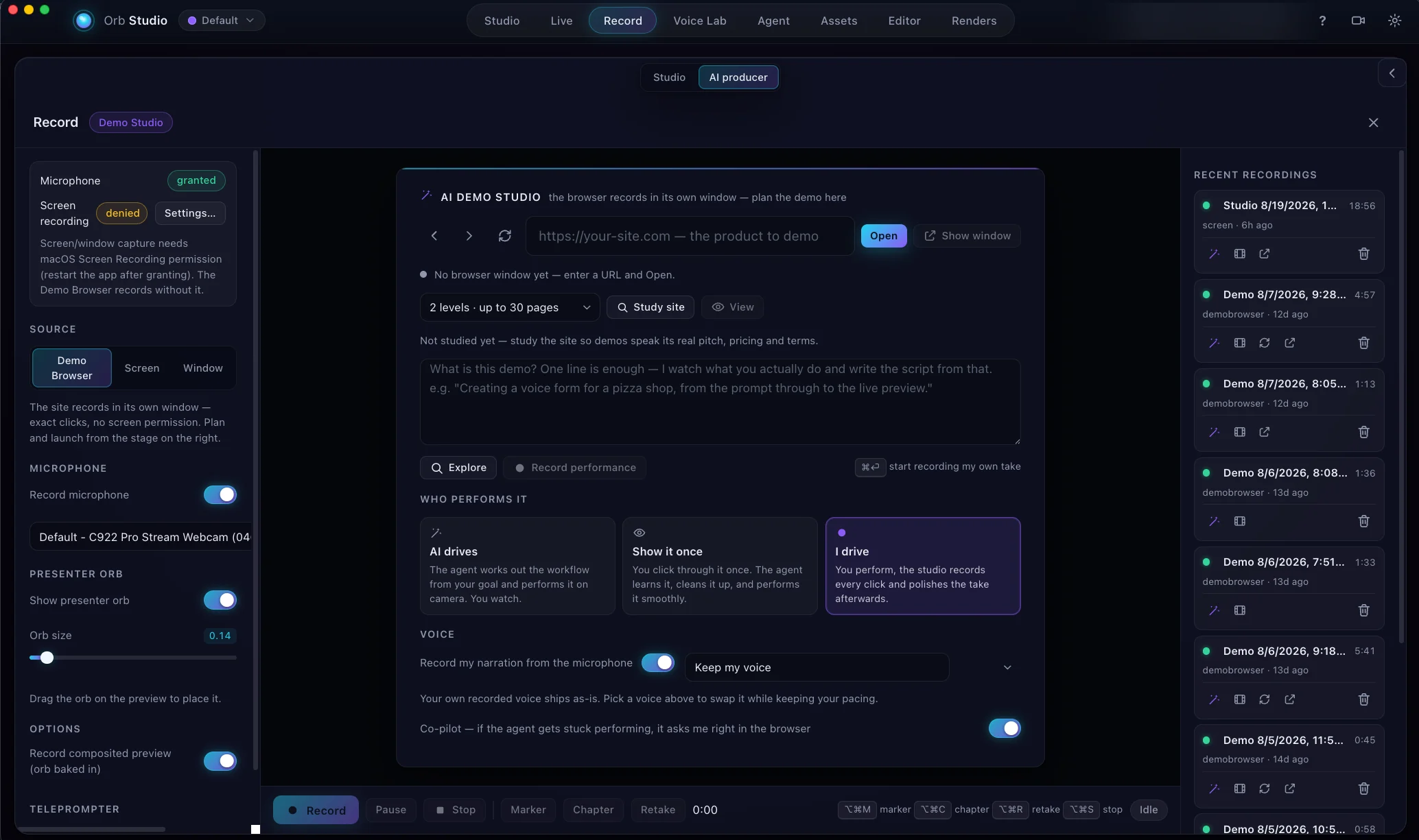 Orb Studio Record mode: the agentic demo studio with site research, performer options, and voice controls